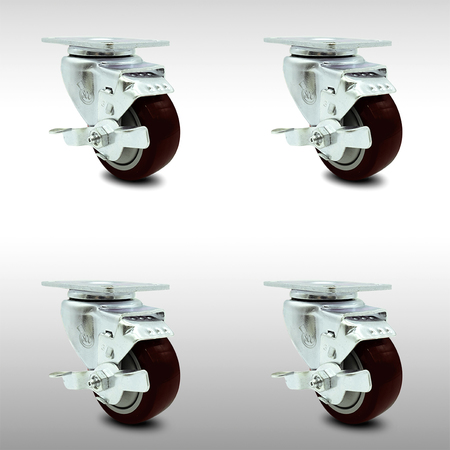 SERVICE CASTER 3.5 Inch SS Maroon Polyurethane Swivel Top Plate Caster Set with Brake SCC SCC-SS20S3514-PPUB-MRN-TLB-4